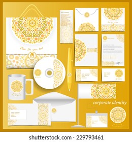White corporate identity template with yellow mosaic elements.Vector company style for brand book and guideline.