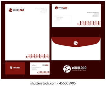 White  corporate stationery template design with  chocolate plus icon elements