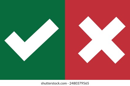 White correct sign on green background and white incorrect sign on red background for websites and graphic resources.