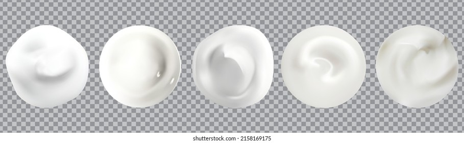 Cisadas de crema de belleza cosmética blanca sobre fondo transparente. Lución para el cuidado de la piel, blob con máscara facial. Conjunto de objetos vectoriales de diferentes formas