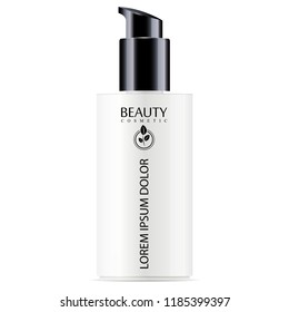 White cosmetic bottle with black pump dispenser lid for moisturizer and facial liquid products. Vector design template. Cosmetics packaging mockup. Realistic 3d illustration.
