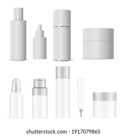 White Cosmetic Bottle. Cream, Lotion Tube Vector Blank. Shampoo Package Mockup. Liquid Soap Pump Dispenser Packaging. Cosmetic Bottles Set. Serum Dropper, Spa Balm, Bath Hygiene, Skin Care