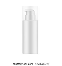 White cosmetic bottle with dispenser and clear transparent lid, realistic mockup. Beauty skin care product container, vector mock-up.