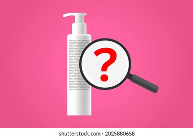 White cosmetic bottle with ingredients information and magnifier with red question mark over pink background. Concept of cosmetic ingredients of skin care or body care product