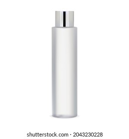 Modelación de botellas cosméticas blancas. Paquete de champú de cilínder producto aislado. Frasco de vidrio para el tóner de la piel sobre fondo blanco. Gel tubular o empaque de crema con tapa plateada, en blanco redondo