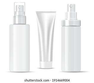 White cosmetic bottle. Shampoo, spray product. Sample bath container mockup. Empty package with pump dispenser for sunscreen care. Milk foam brand, medical health bottle mock up