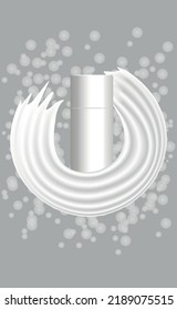 white cosmetic bottle vector. a smear of white cream around an empty plastic bottle. cream in a bottle on bokeh background