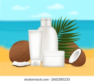 White cosmetic bottles and coconuts lying on a sandy beach