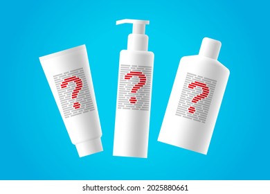 White cosmetic bottles with ingredients information and red question marks over blue background. Concept of cosmetic ingredients of skin care and body care products