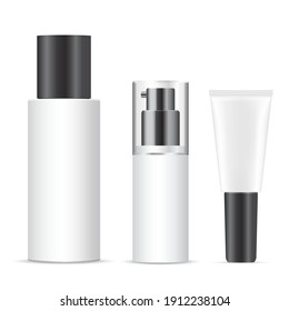 White cosmetic bottles mockup. Vector package blank, plastic spray container design. Cream tube template. Pump bottle for liquid moisturizer or clean milk. Spa shampoo in set