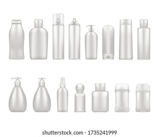 White cosmetic bottles mockups isolated from background: lotion, shampoo, cream, deodorant, spray. Plastic package design. Blank cosmetic, hygiene, skin care template. Set of 3d vector illustrations