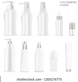 White cosmetic bottles packaging mockup set. Vector illustration of elite cosmetics: bottles with spray, dispenser and dropper, cream tube, deodorant roll. High quality template ready for your design.