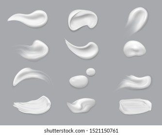 White cosmetic brush strokes isolated. Light makeup or bright tone cream, foundation smear, liquid splatter or set of confectionery cream. Paint splash, lipstick smudge, swatch. Make up or shades