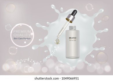 White Cosmetic Container With Advertising Background Ready To Use, Milky Serum Skin Care Ad, Vector 3d Illustration.