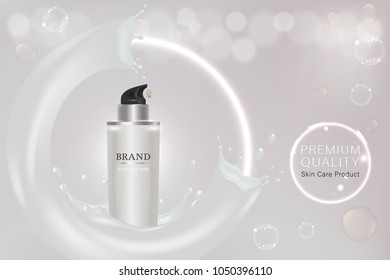 White Cosmetic Container With Advertising Background Ready To Use, Milky Serum Skin Care Ad, Vector Illustration.