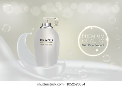 White Cosmetic Container With Advertising Background Ready To Use, Milky Serum Skin Care Ad, Vector Illustration.	