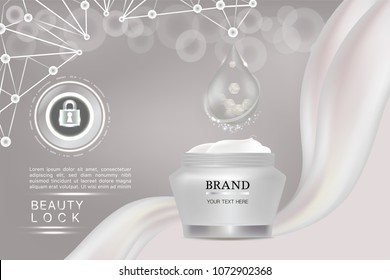 White cosmetic container with advertising background ready to use, beauty lock skin care ad, hyaluronic acid concept, vector illustration.