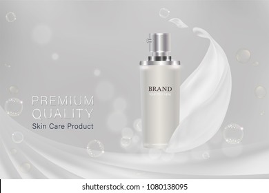 White cosmetic container with advertising background ready to use, luxury skin care ad, vector illustration.	