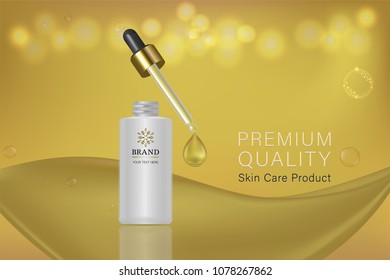 White cosmetic container with gold  advertising background ready to use, luxury skin care ad, vector 3d  illustration.