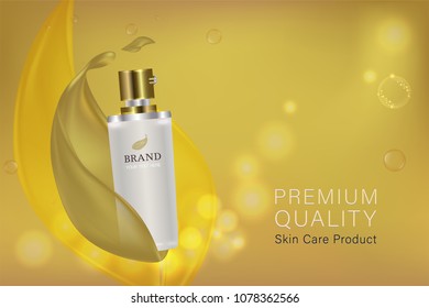 White cosmetic container with gold advertising background ready to use, luxury skin care ad, vector illustration.