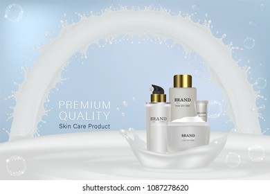 White cosmetic containers with advertising background ready to use, liquid splash skin care ad, vector illustration.
