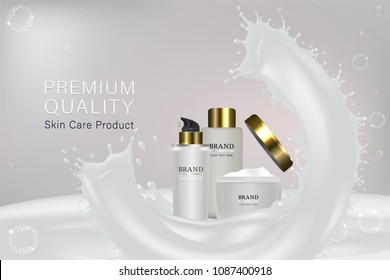 White cosmetic containers with advertising background ready to use, liquid splash skin care ad, vector illustration.