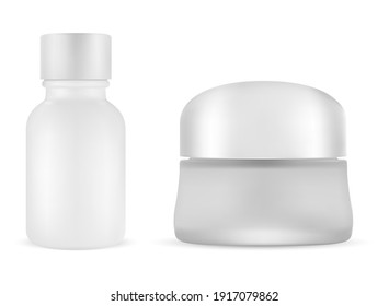 White cosmetic cream jar. Serum vial blank set. Matte glass butter packaging container with plastic cap. Matt foundation bottle, silver cap. Scrup flacon, bath, skin care. Powder jar isolated