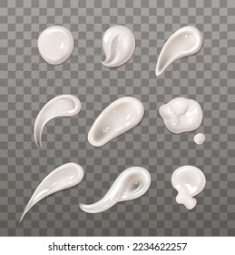 White cosmetic cream, lotion or gel swatches. Drops, smears and strokes of face skincare product, mask, mousse or sunscreen isolated on transparent background, vector realistic illustration