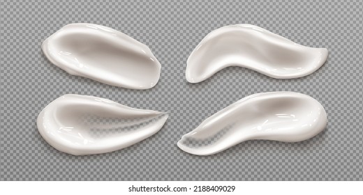 White cosmetic cream swatches, smears of skincare product isolated on transparent background. Vector realistic 3d illustration of sunscreen, skin mask or mousse smudges. 3D Illustration