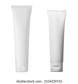 White cosmetic cream tube vector blank. Isolated toothpaste container template. Cosmetic product packaging for gel, scrub, ointment. Tall flexible pack set, 3d design bottle