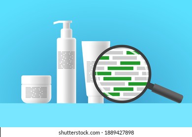 White cosmetic jar, bottle and tube, review of ingredients of cosmetic product using magnifier. Green blocks are indicating natural eco-friendly ingredients in composition of beauty or care product