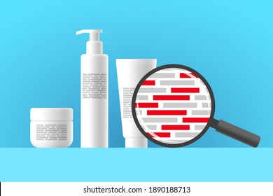 White Cosmetic Jar, Bottle And Tube, Review Of Ingredients Of Cosmetic Product Using Magnifier. Red Blocks Are Indicating Dangerous Harmful Ingredients In Composition Of Beauty Or Care Product