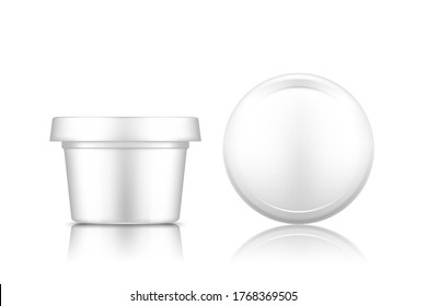 White cosmetic jar with cap top view mockup isolated from background: lotion, cream, mousse, powder. Plastic package design. Blank beauty product or medical care template. 3d vector illustration