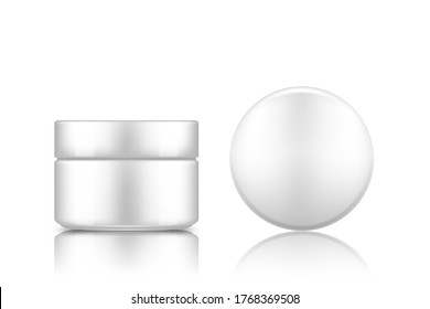 White cosmetic jar with cap top view mockup isolated from background: lotion, cream, mousse, powder. Plastic package design. Blank hygiene, medical, body or face care template. 3d vector illustration