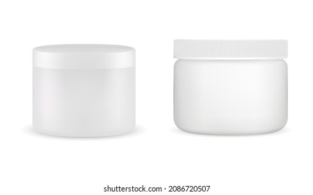 Weißes Kosmetikglas. Creamjar Mock up, Plastikflasche rund Packung glänzende Vorlage. Weich-, Lack- oder Butterfresser, in der Haut