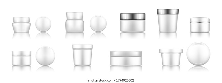 White cosmetic jar set with cap mockup isolated from background for lotion, cream, powder. Plastic package design. Blank hygiene, medical, body or face care template. 3d vector illustration