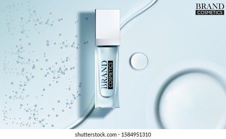White cosmetic products with Drop of water on cyan background.