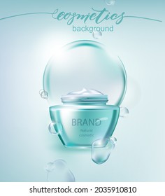 White cosmetic products with Drop of water on cyan background. Beauty and cosmetics background. Use for advertising flyer, banner, leaflet. Template Vector