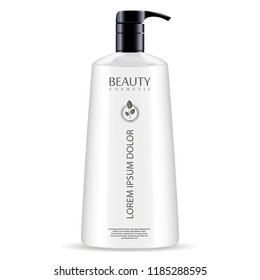 White cosmetic pump dispenser bottle for shower gel, liquid soap, conditioner. Luxury product design package. Vector cosmetics mockup illustration.
