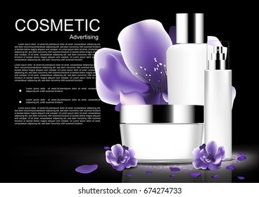 White cosmetic set with purple blooming flowers and template vector white cosmetic collection