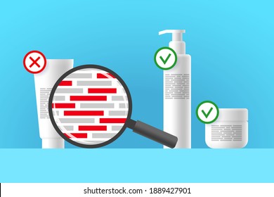 White cosmetic tube, bottle and jar, review of ingredients of cosmetic product using magnifier. Red blocks are indicating dangerous harmful ingredients. Approved and rejected beauty or care products