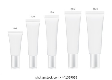 White cosmetic tube collection arranged in order of size from small to large. Container vector for a mock up isolated on white background.