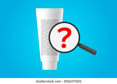 White cosmetic tube with ingredients information and magnifier with red question mark over blue background. Concept of cosmetic ingredients of skin care or body care product