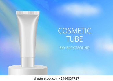 White cosmetic tube on a podium. Realistic mockup. Ointment or salve. Gel serum. Korean packaging. Sky, clouds, rays of light and rainbow