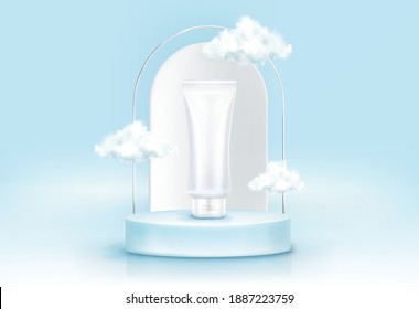 White cosmetic tube on round podium with arch and fluffy clouds on blue background. Vector realistic mockup of blank plastic package for makeup, skincare or beauty product on platform