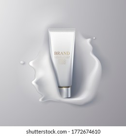 White cosmetic tube template on white liquid background