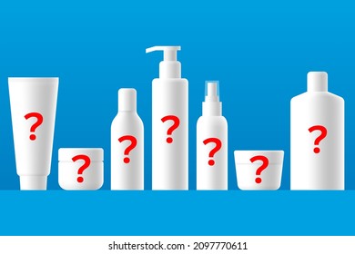 White cosmetic tubes, bottles and jars, with red question marks over colored background. Problem of choosing beauty or dermatological products for skin care or treatment