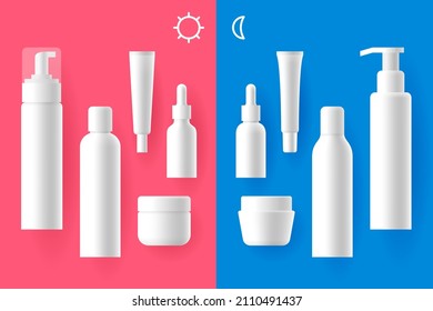 White cosmetic tubes, bottles and jars over colored background,  and icons of sun and moon. Concept of night and day care for skin, beauty or skincare products, cosmetology and dermatology treatments