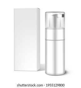 White Cosmetics Container Bottle With Mousse And Cardboard Box. EPS10 Vector