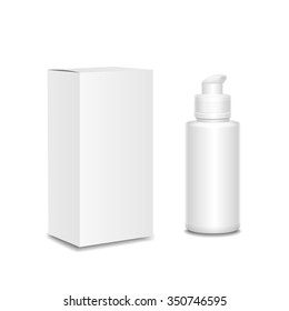 White cosmetics containers, Plastic bottle with a spray and box vector